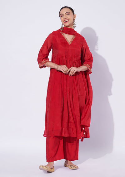 Red Mul Chanderi Anarkali Suit