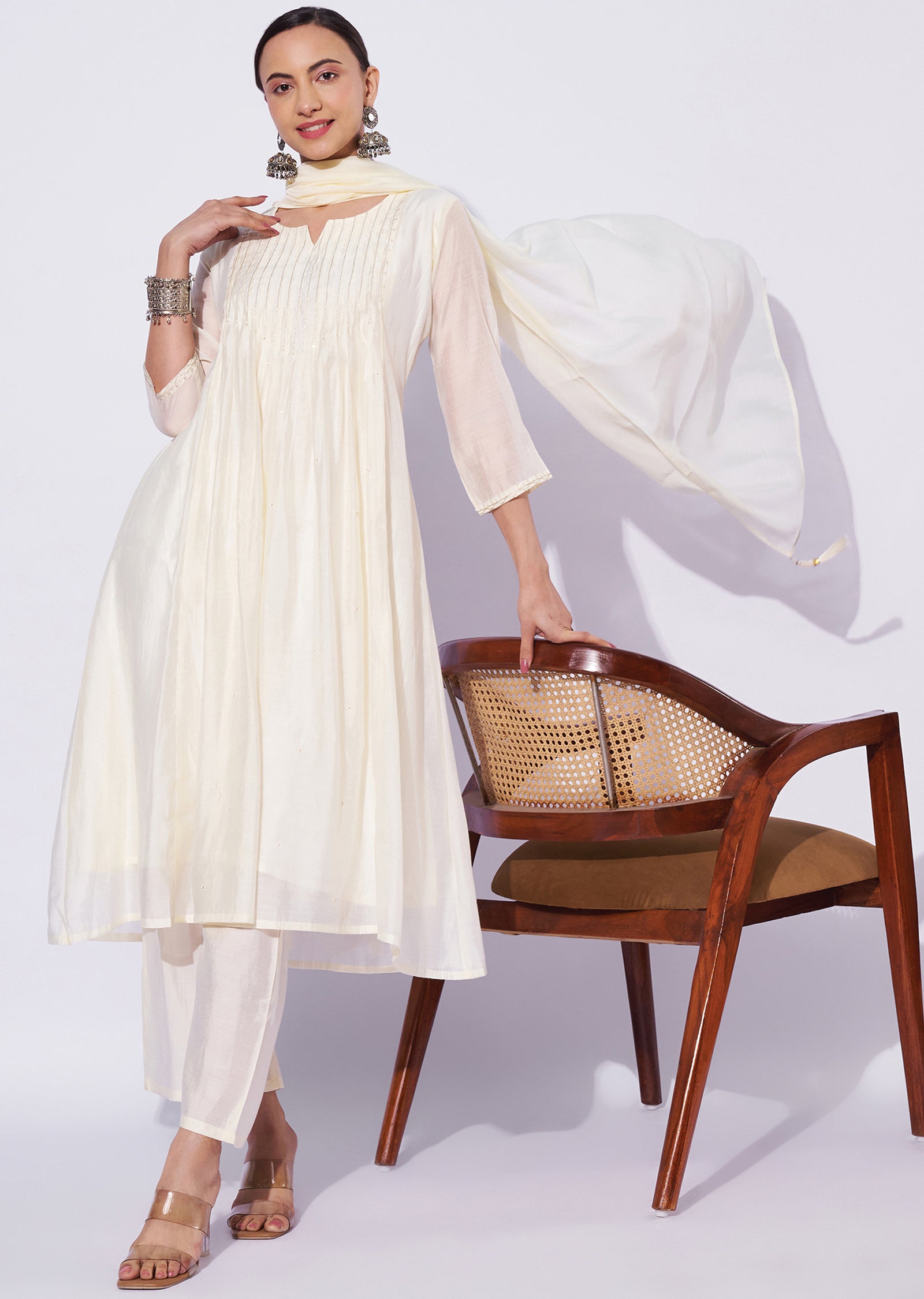 Cream Mul Chanderi Anarkali Suit