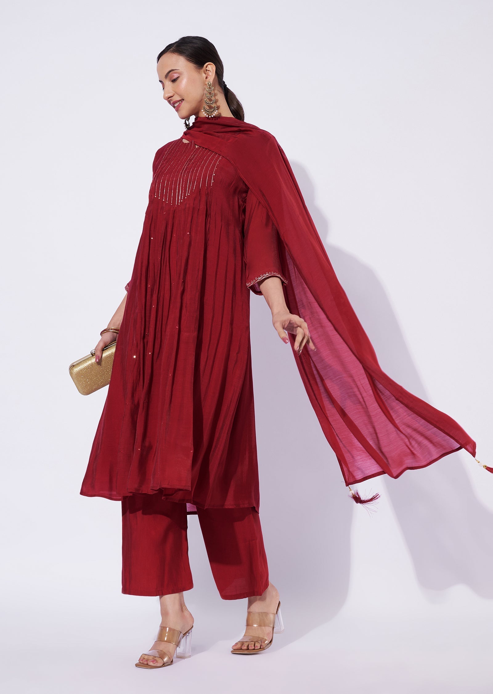 Maroon Mal Chanderi Anarkali Suit