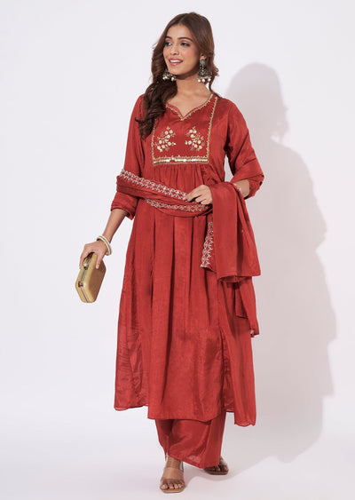 Dark Rust Chinnon Anarkali Suit