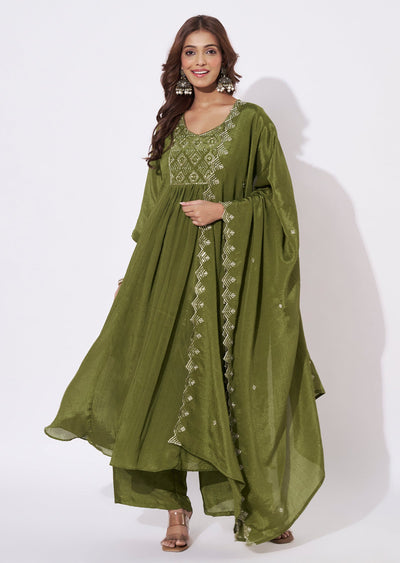 Olive Green Chinnon Anarkali Suit