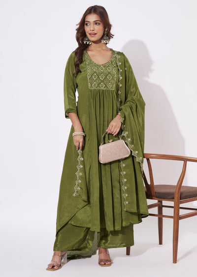 Olive Green Chinnon Anarkali Suit