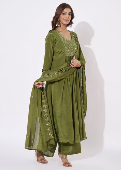 Olive Green Chinnon Anarkali Suit