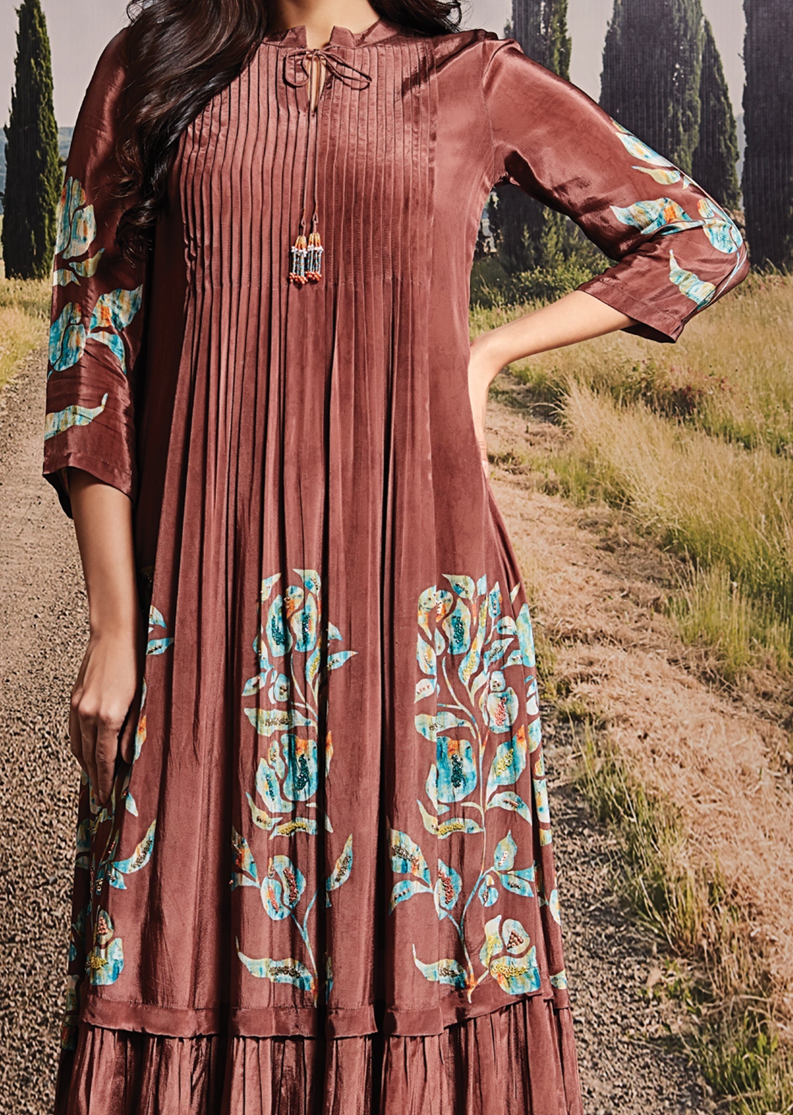 Brown Crepe Frock Kurti
