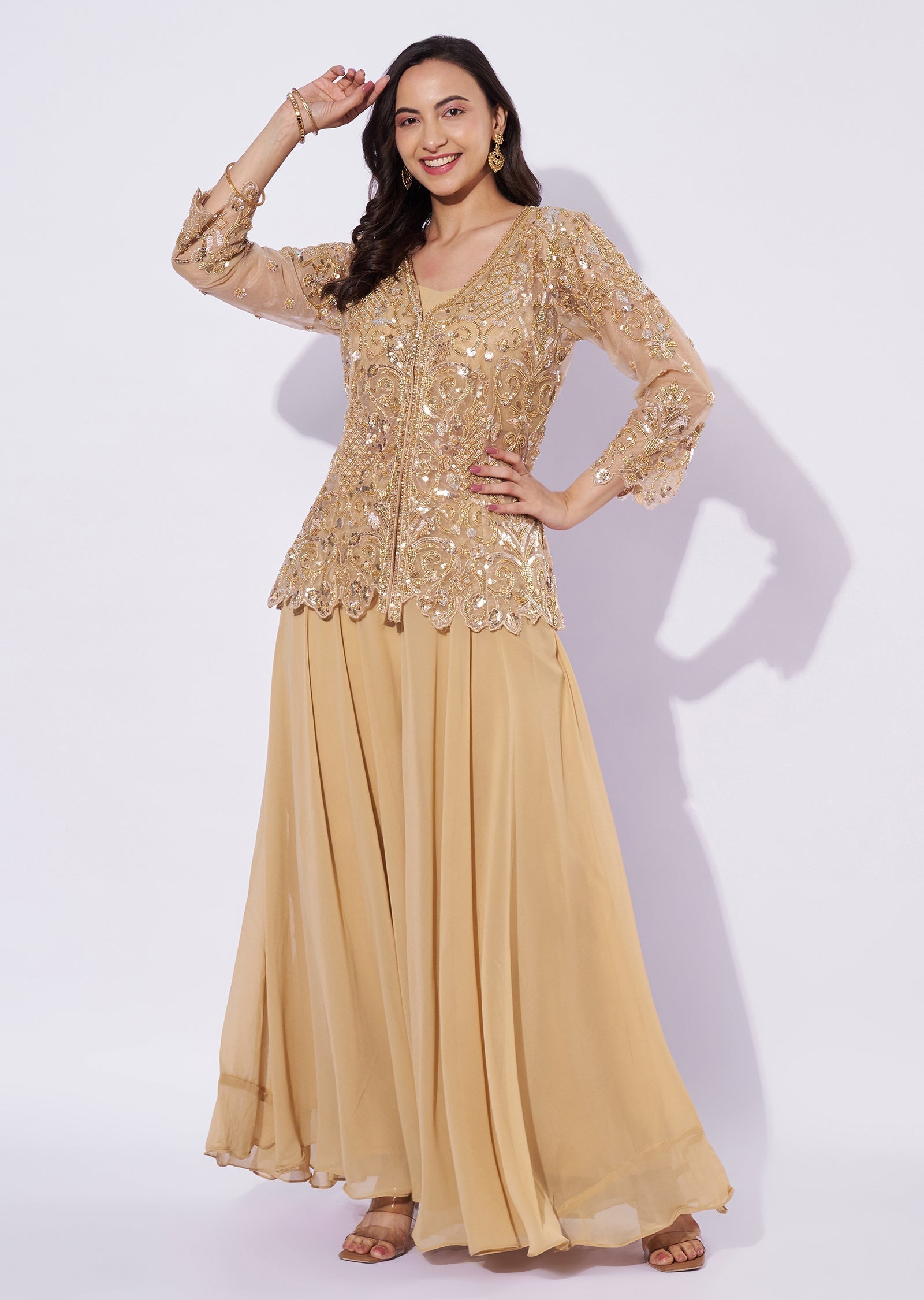 Beige Net Palazzo Set