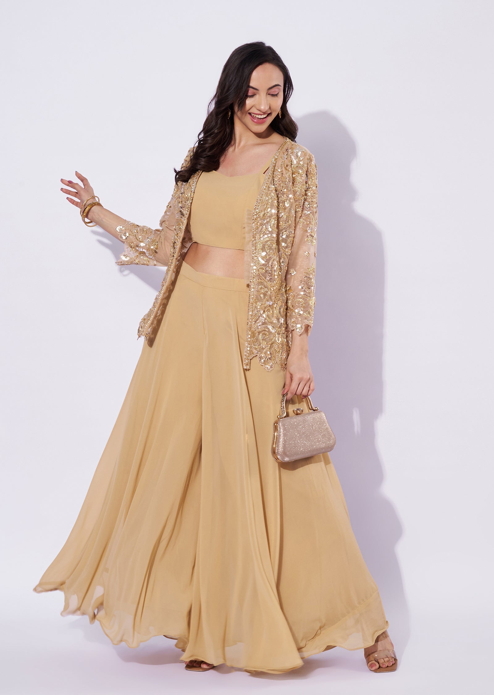 Beige Net Palazzo Set