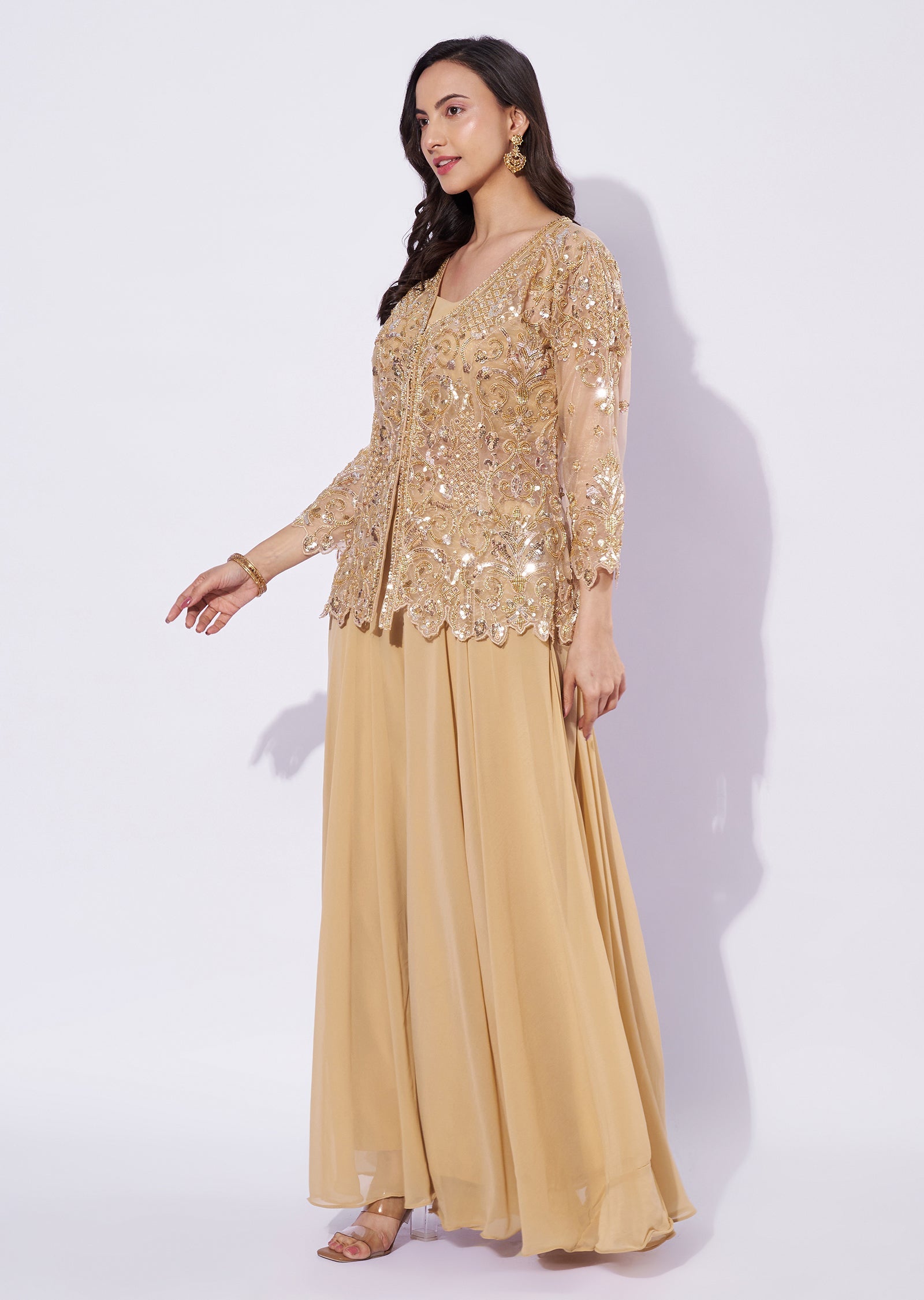 Beige Net Palazzo Set