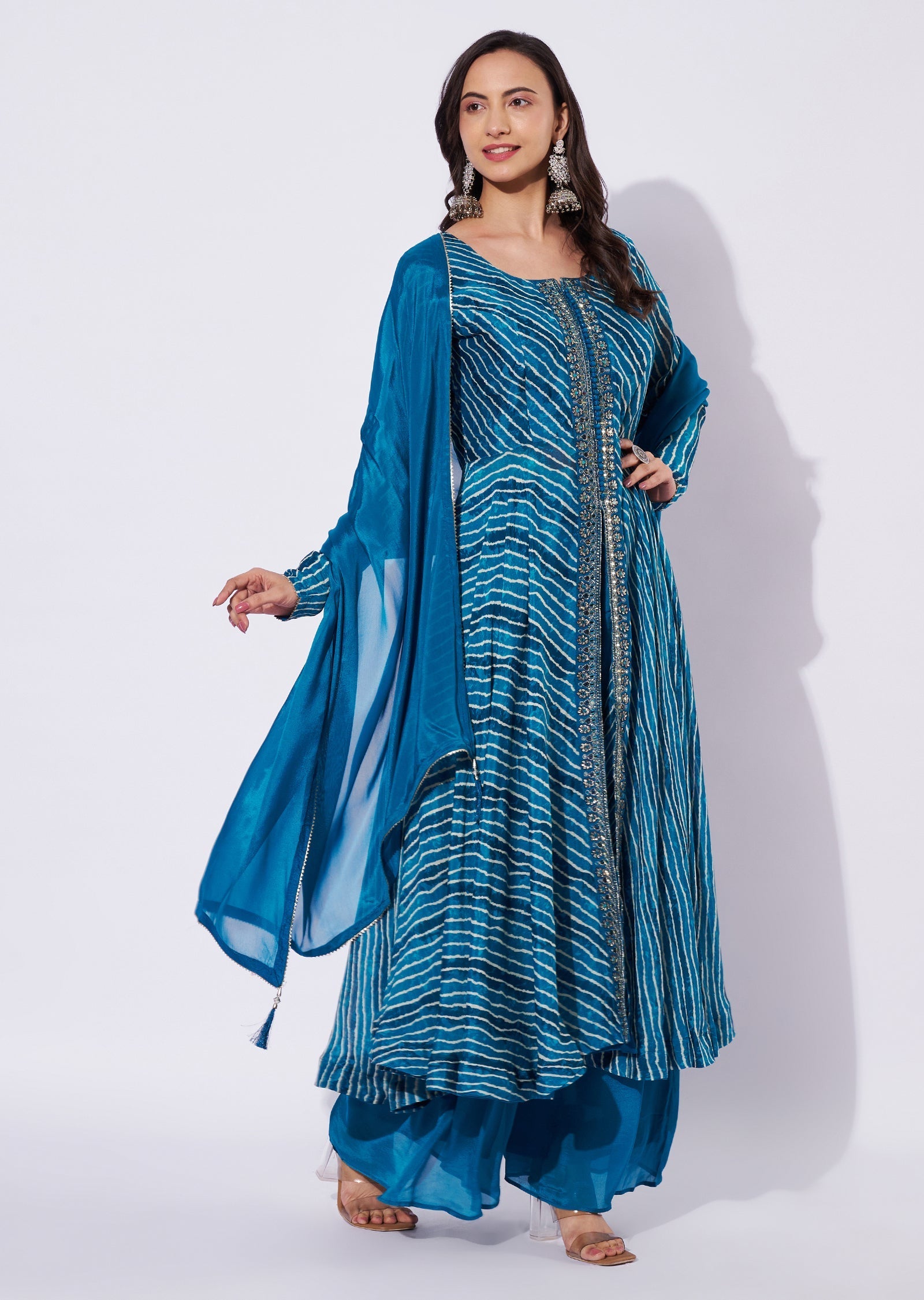 Teal Blue Chinnon Anarkali Suit