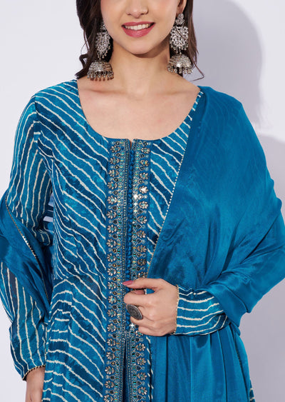 Teal Blue Chinnon Anarkali Suit