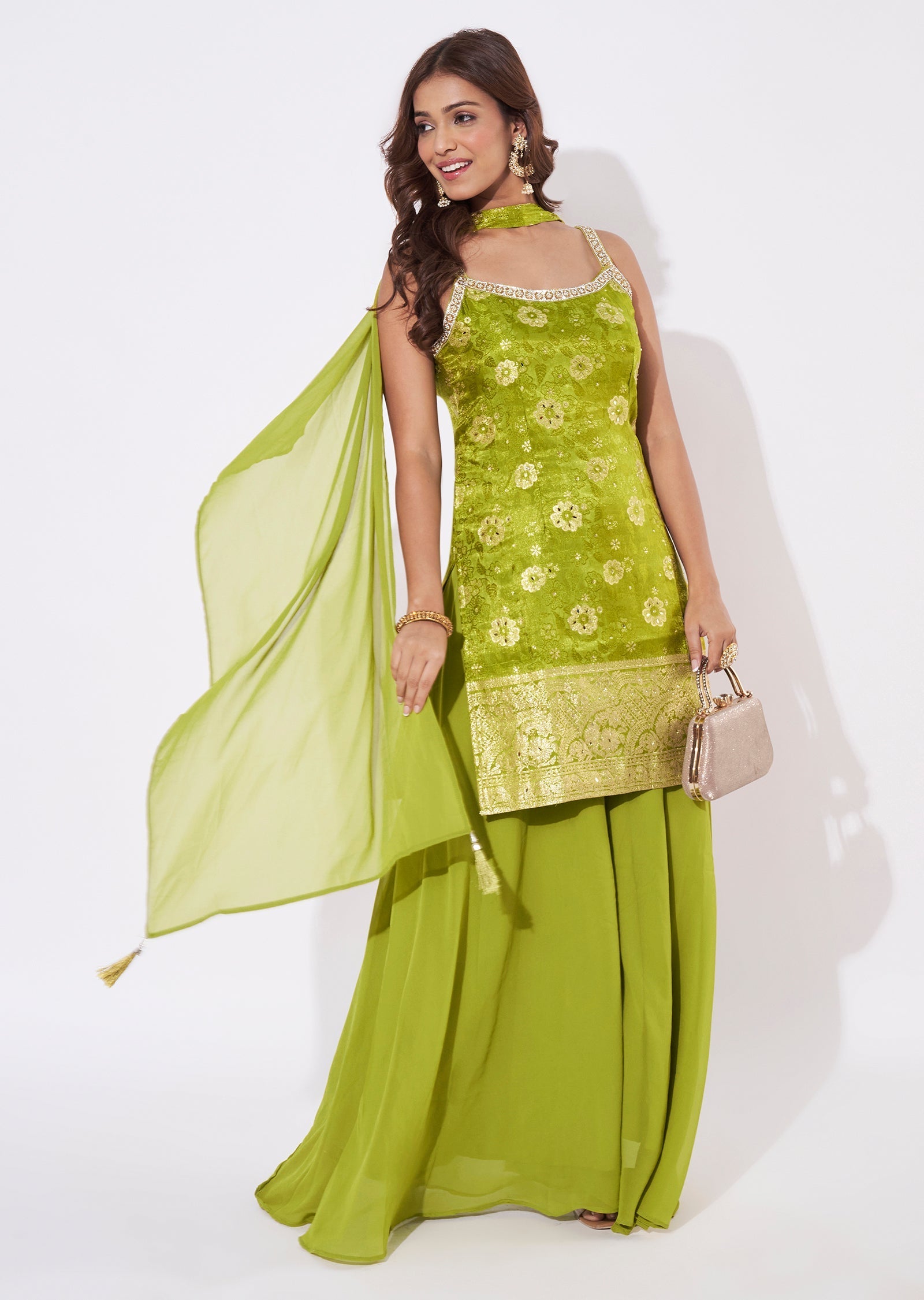 Mehendi Green Chinnon Straight Cut Suit