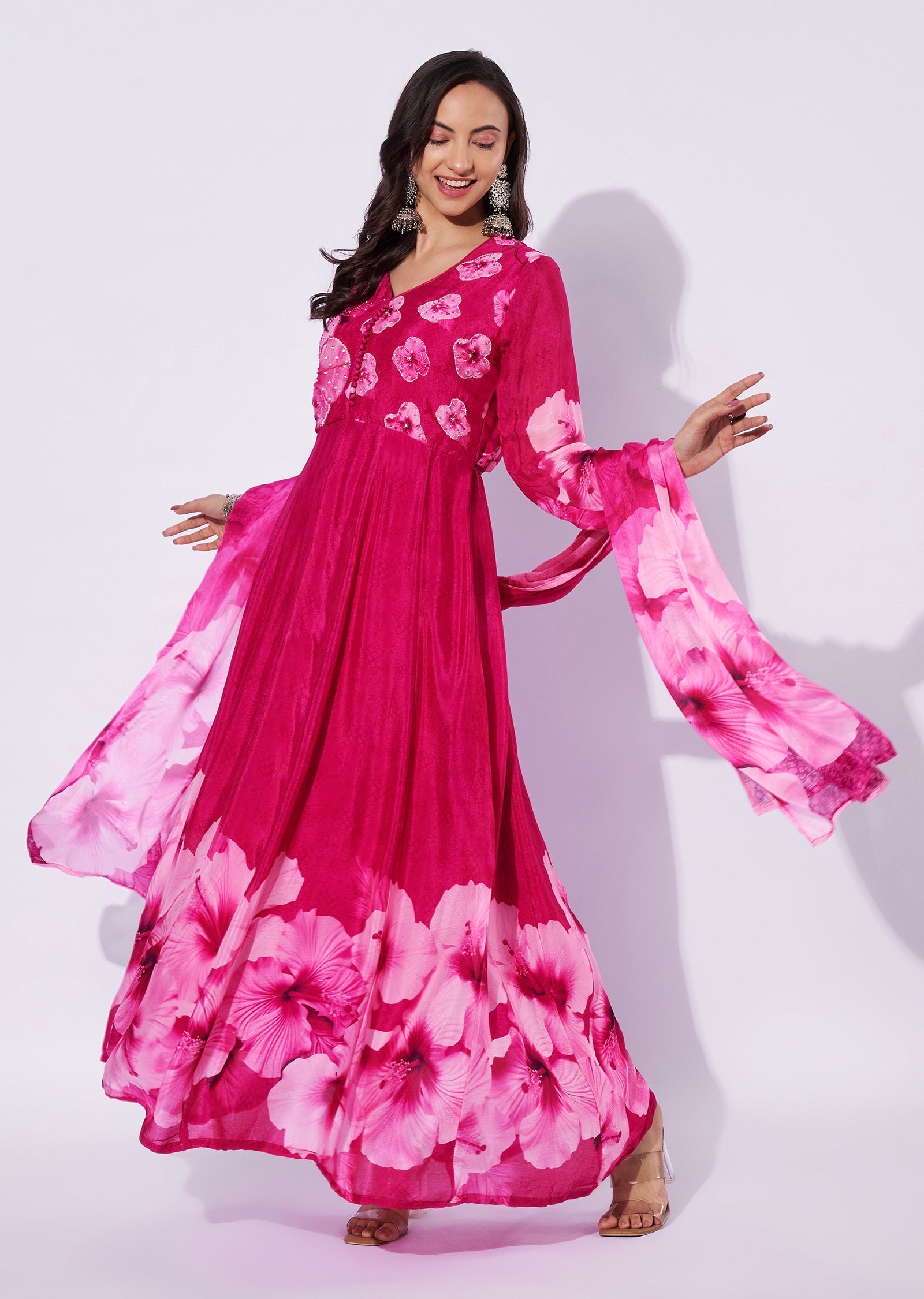 Rani Pink Chinnon Anarkali Suit
