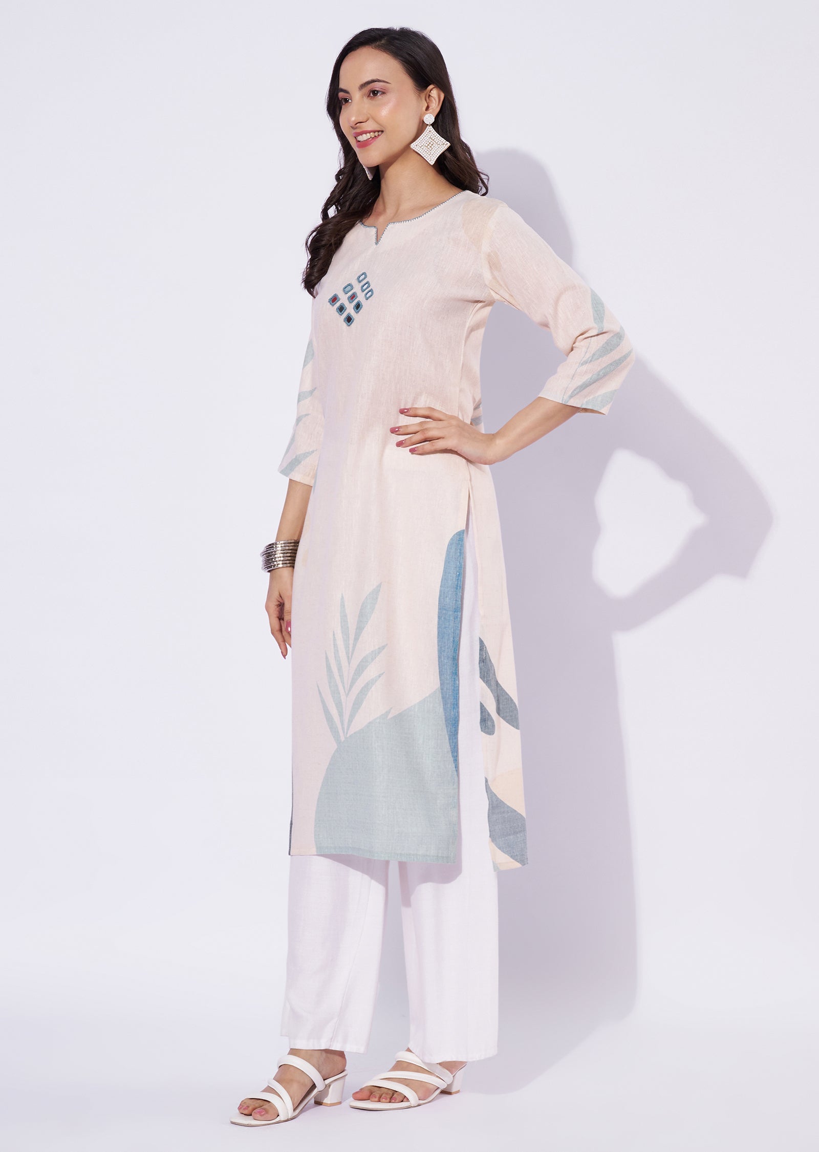 Cream Cotton Straight Cut Kurti