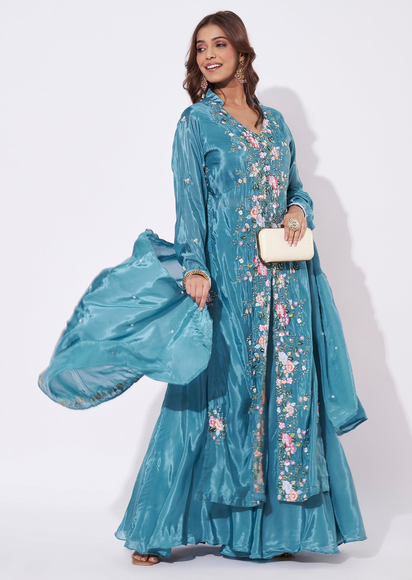 Dusty Blue Silk Anarkali Suit