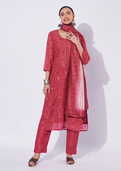Maroon Linen Cotton Straight Cut Suit