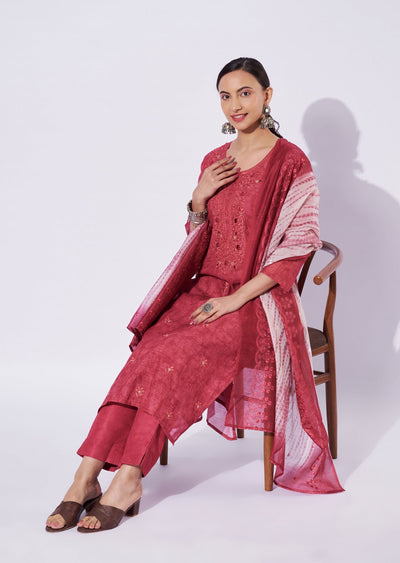 Maroon Linen Cotton Straight Cut Suit