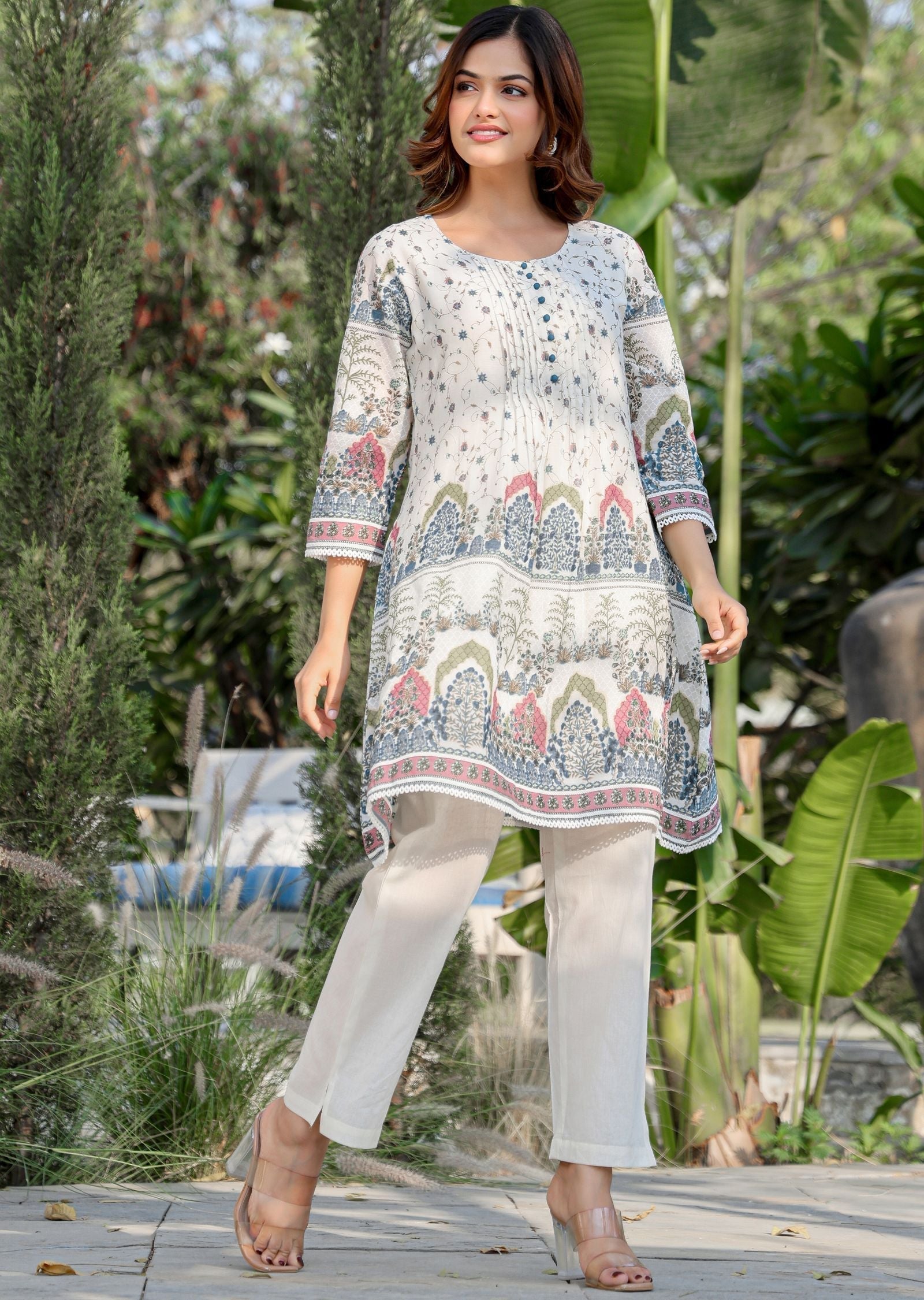 Cream Cotton Straight Cut Kurti Set