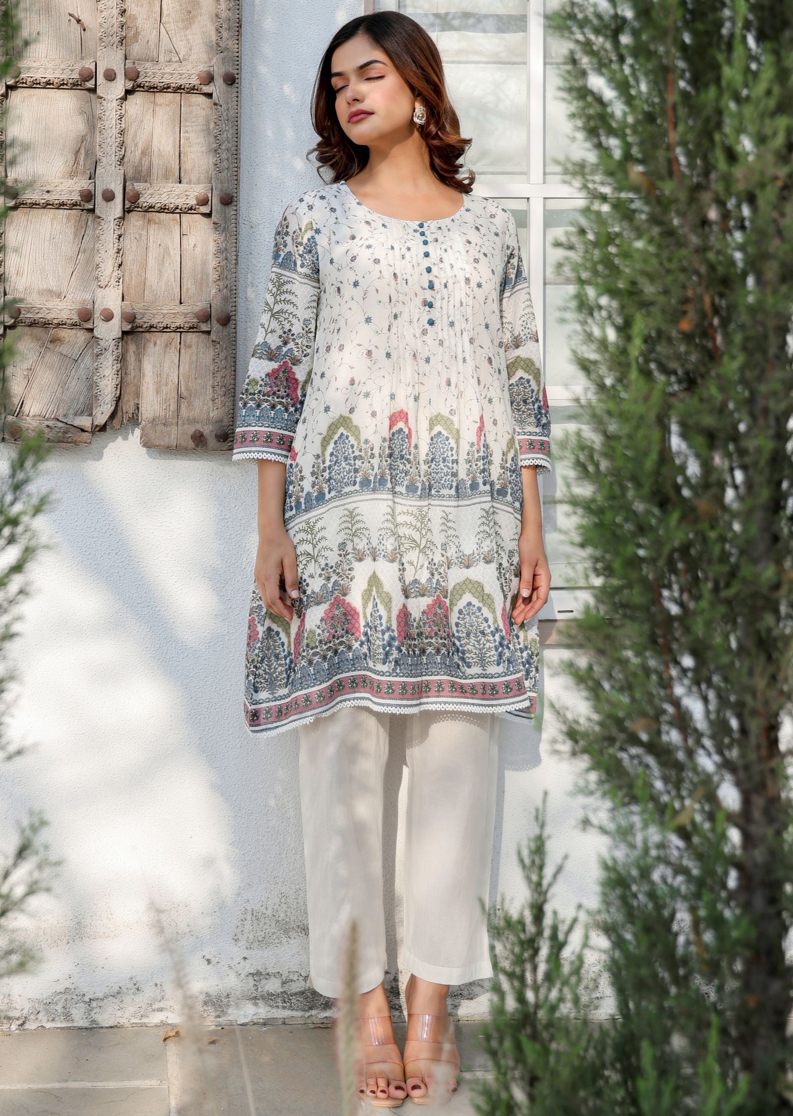 Cream Cotton Straight Cut Kurti Set