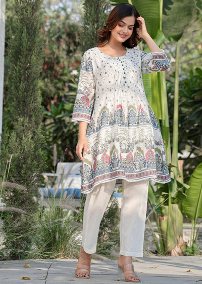 Cream Cotton Straight Cut Kurti Set