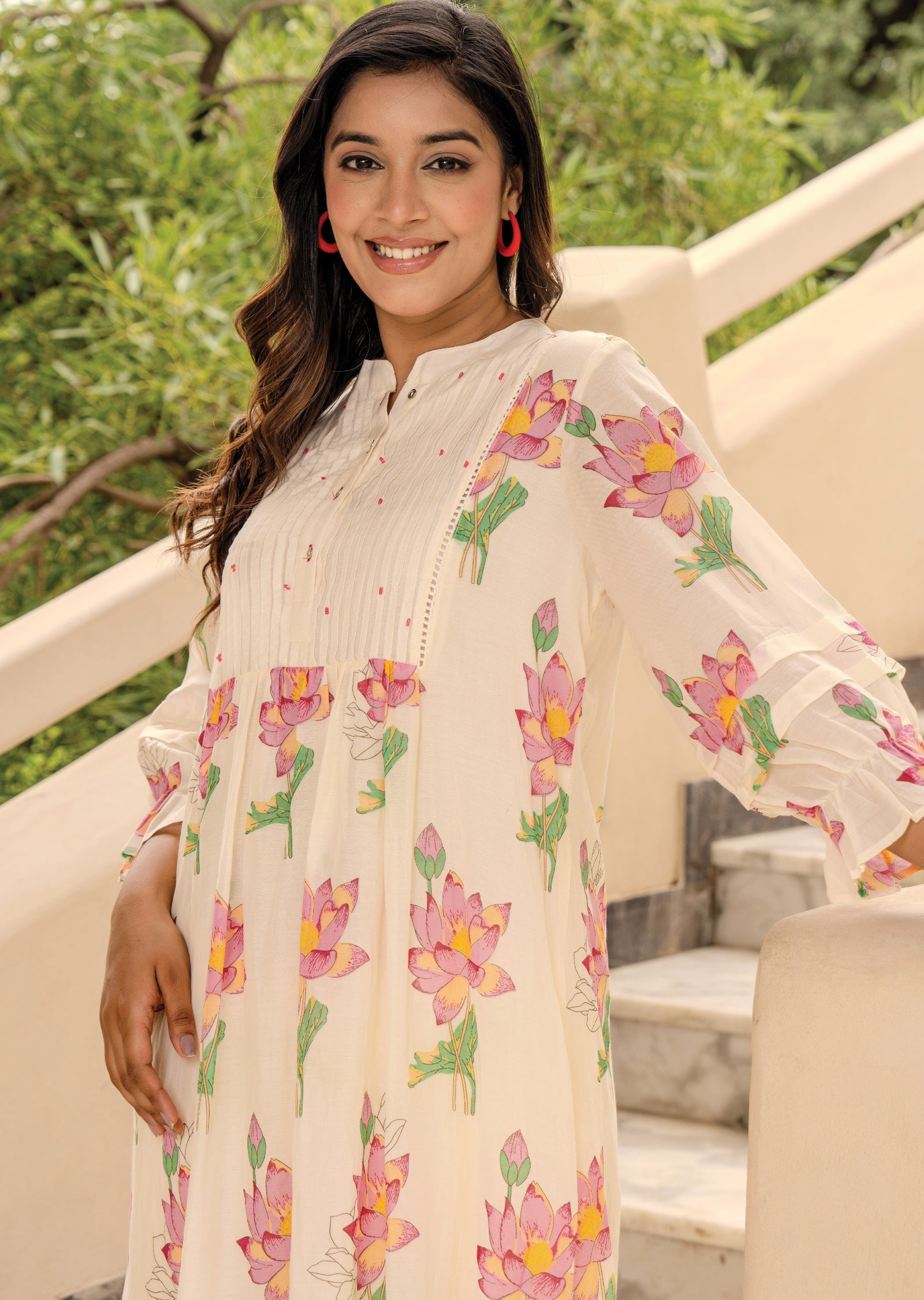Cream Cotton Straight Cut Kurti Set