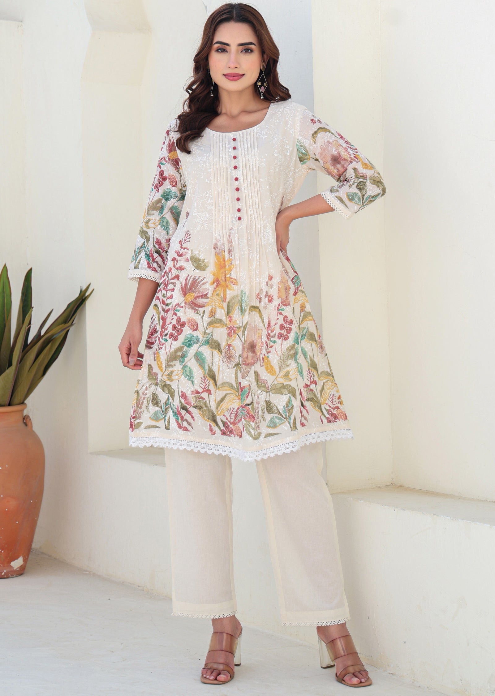 Cream Cotton Straight Cut Kurti Set