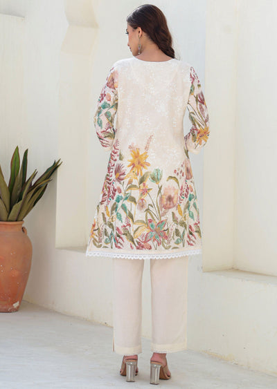 Cream Cotton Straight Cut Kurti Set