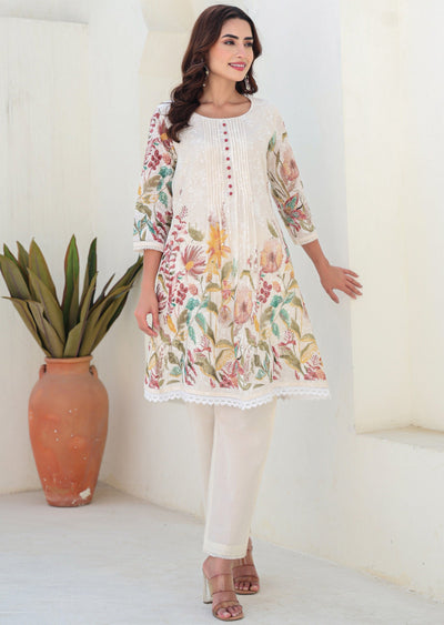 Cream Cotton Straight Cut Kurti Set