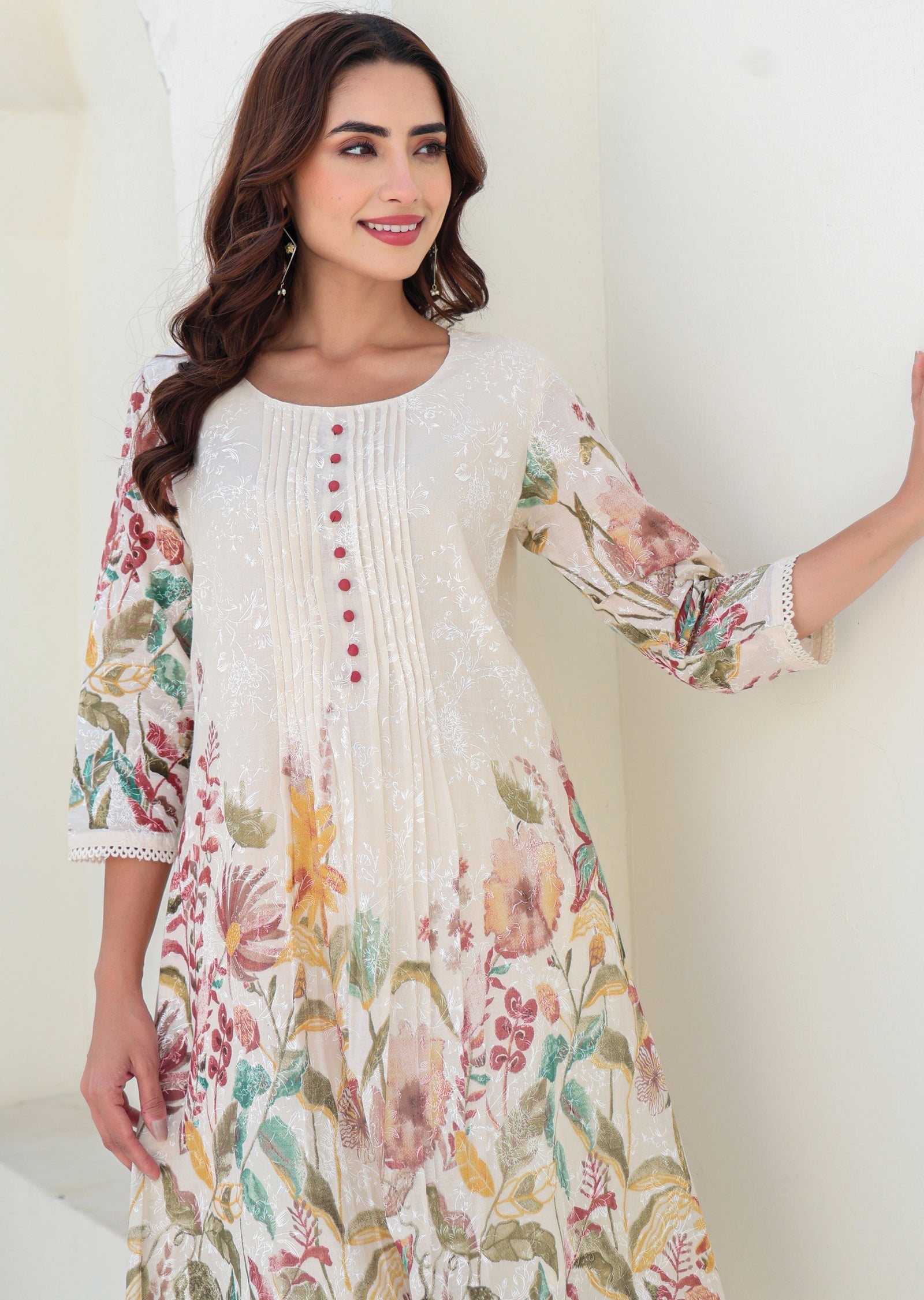 Cream Cotton Straight Cut Kurti Set