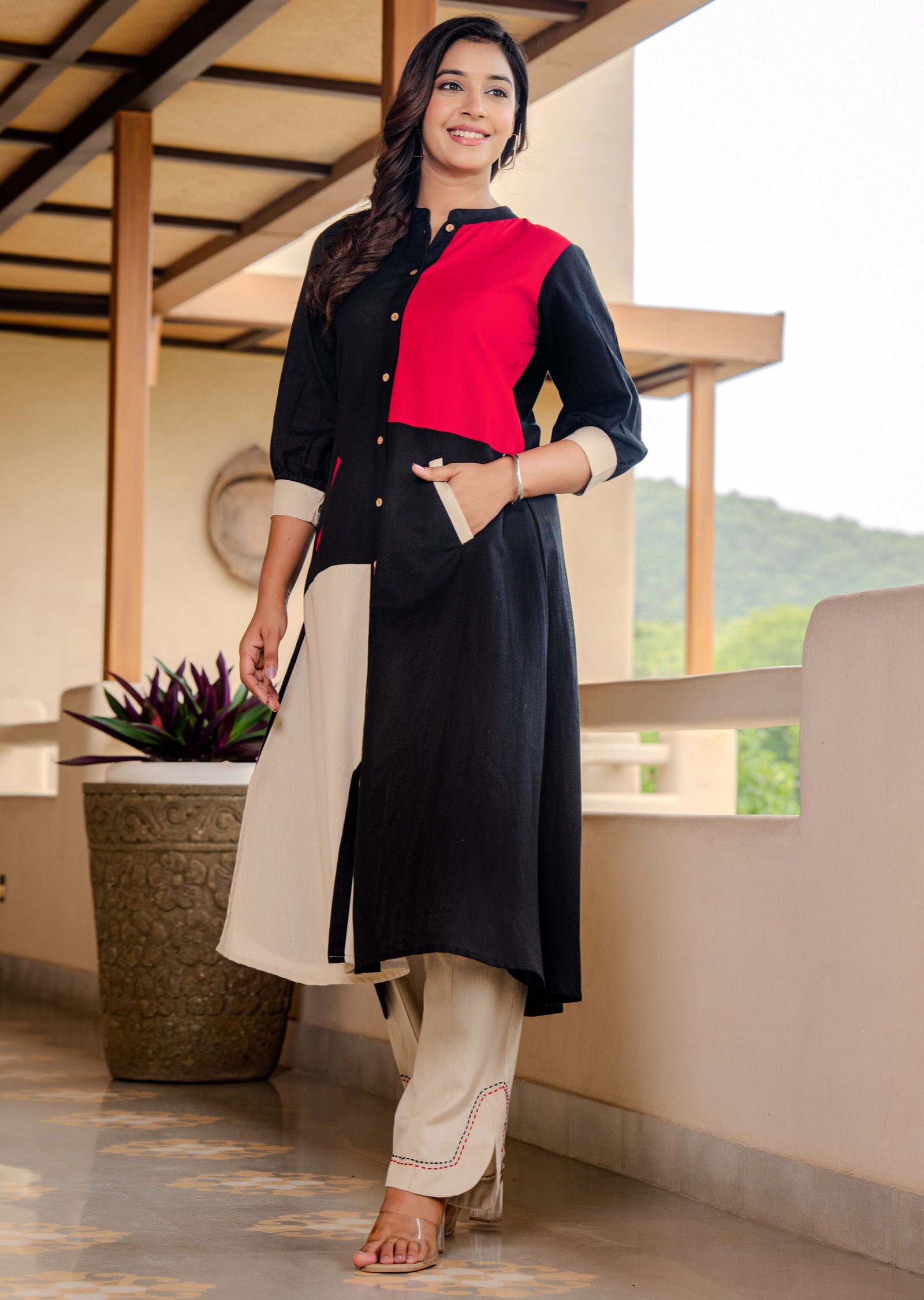 Black Cotton Straight Cut Kurti Set