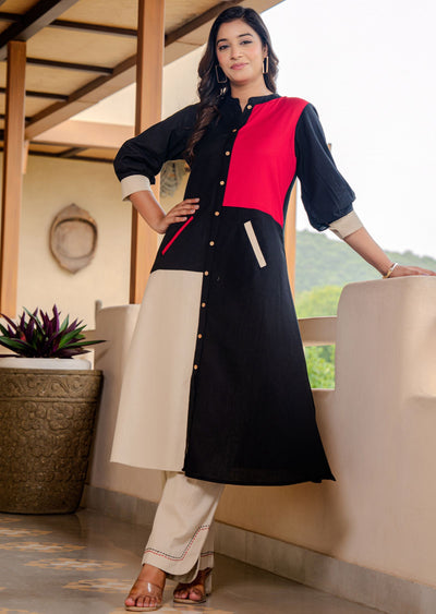 Black Cotton Straight Cut Kurti Set