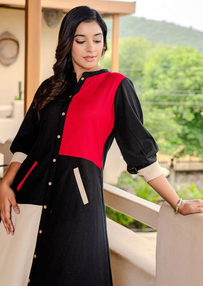 Black Cotton Straight Cut Kurti Set
