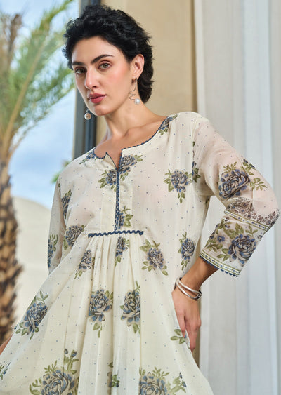Cream Cotton Straight Cut Kurti Set