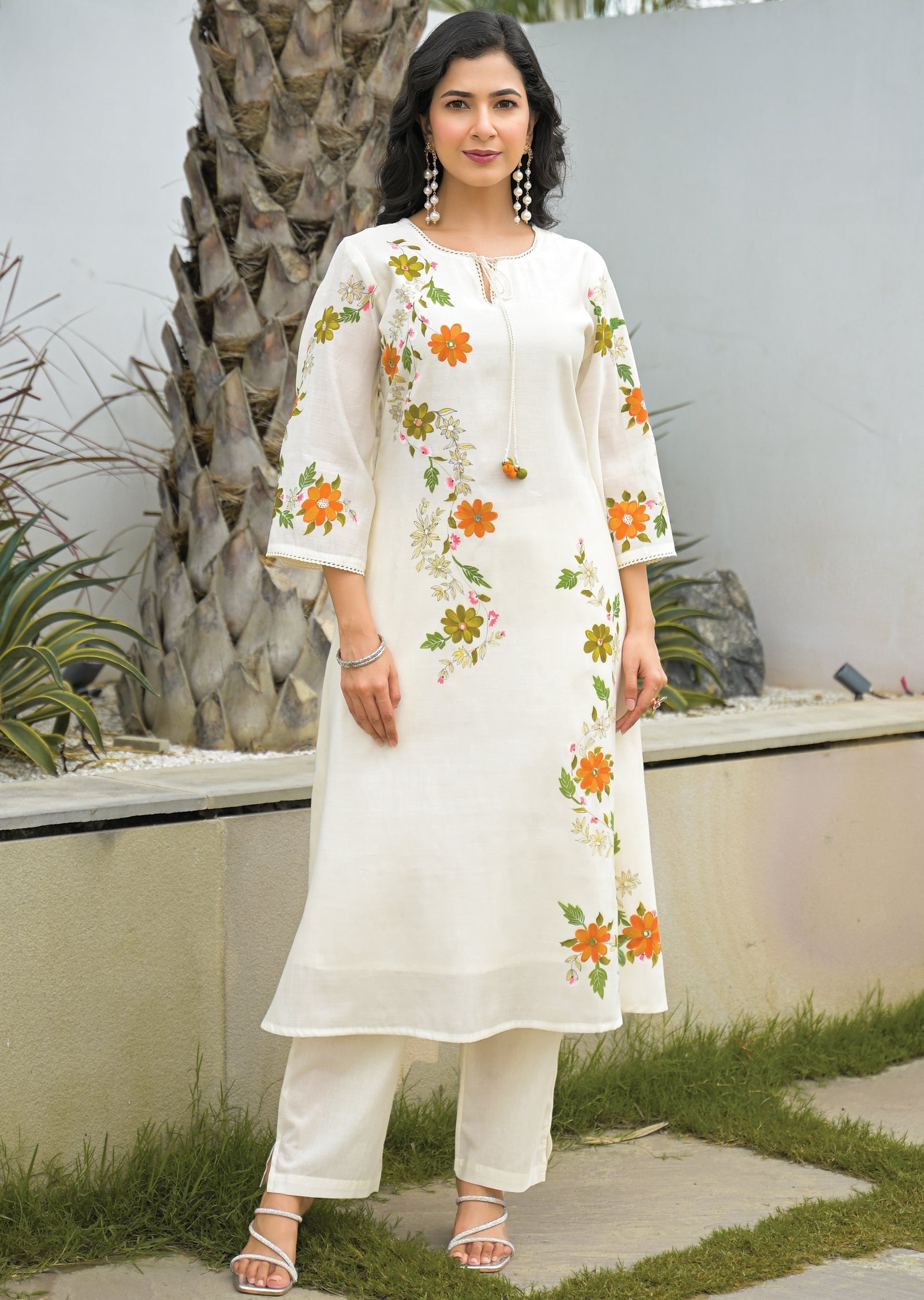 Cream Chanderi Straight Cut Suit