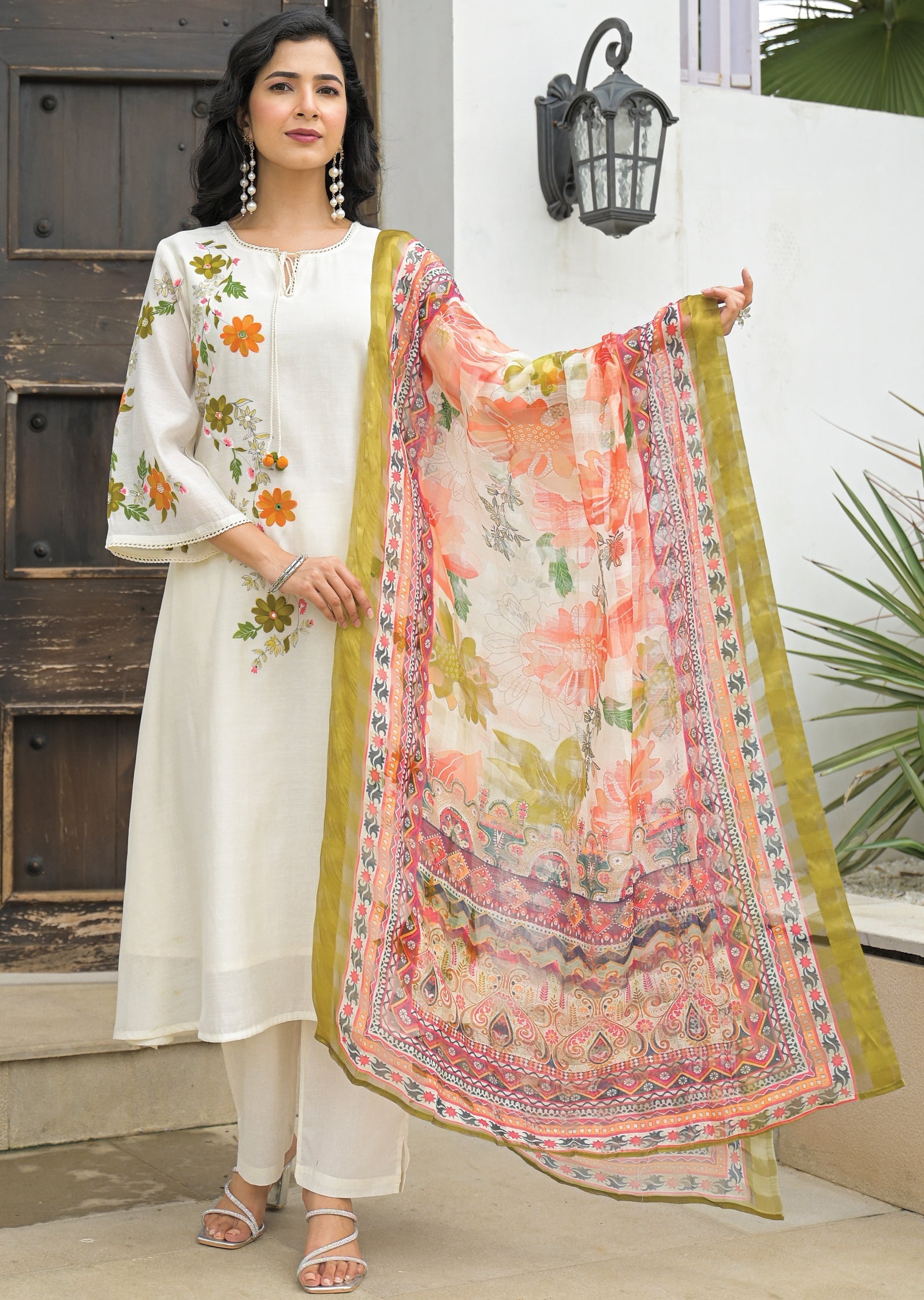 Cream Chanderi Straight Cut Suit