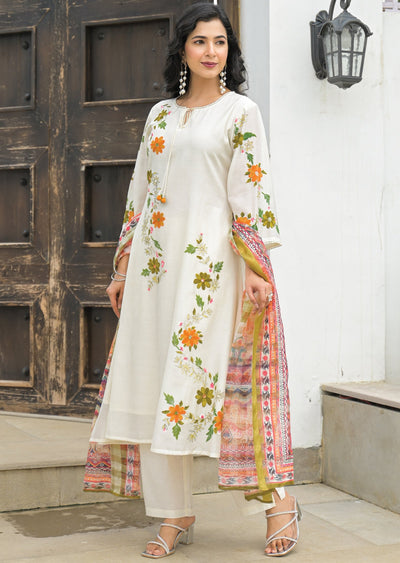 Cream Chanderi Straight Cut Suit