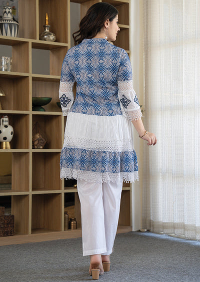 Off White Cotton Straight Cut Kurti Set