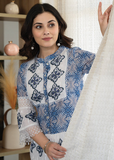 Off White Cotton Straight Cut Kurti Set