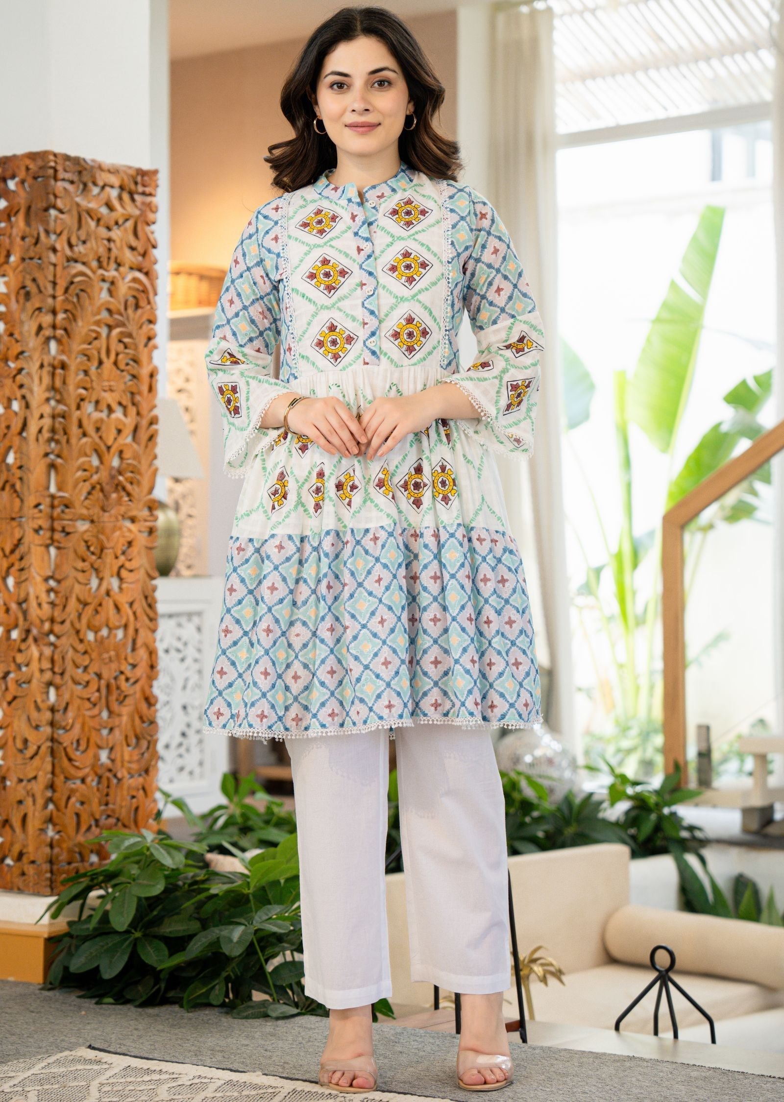 Off White Cotton Straight Cut Kurti Set