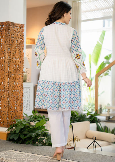 Off White Cotton Straight Cut Kurti Set