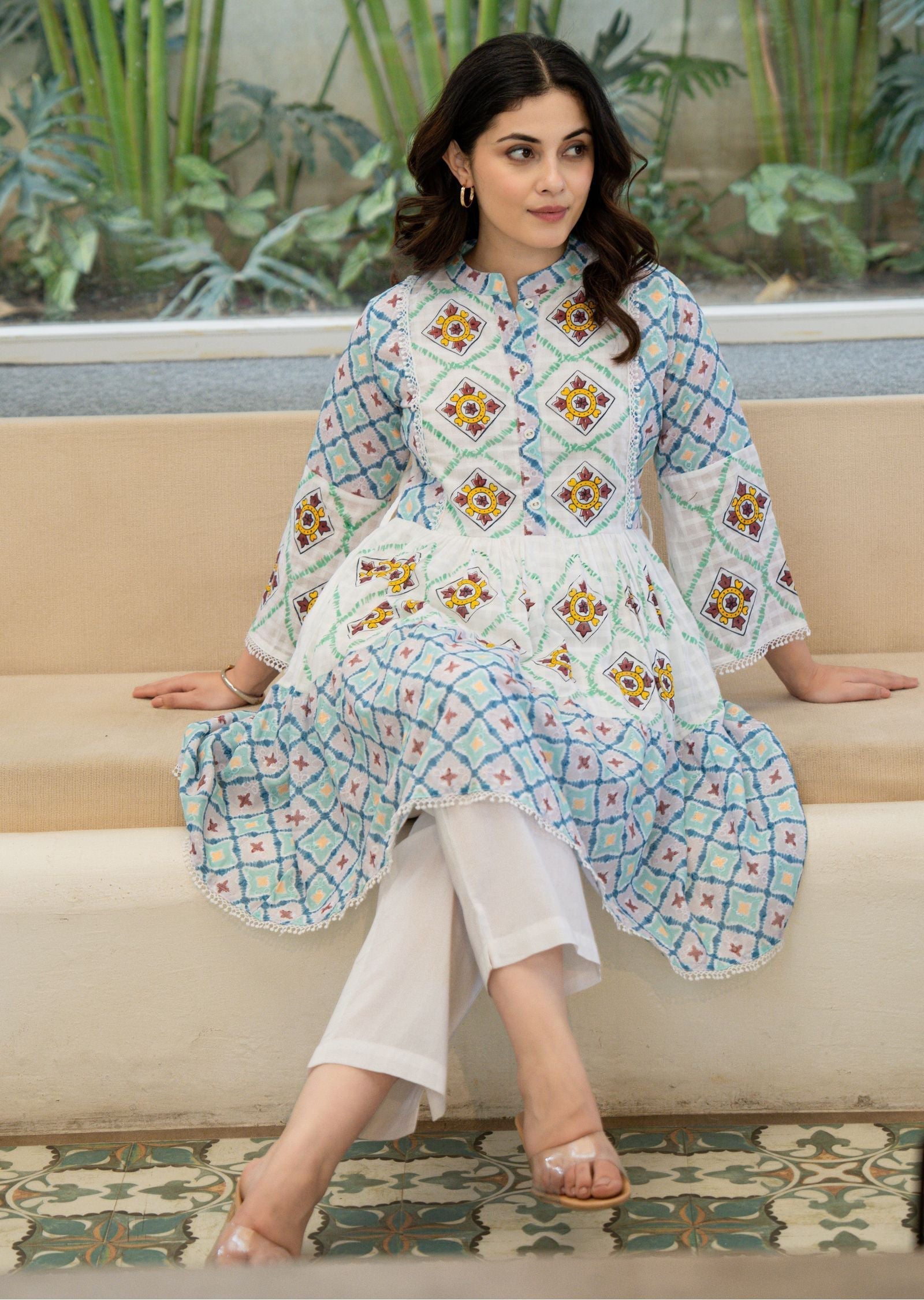 Off White Cotton Straight Cut Kurti Set