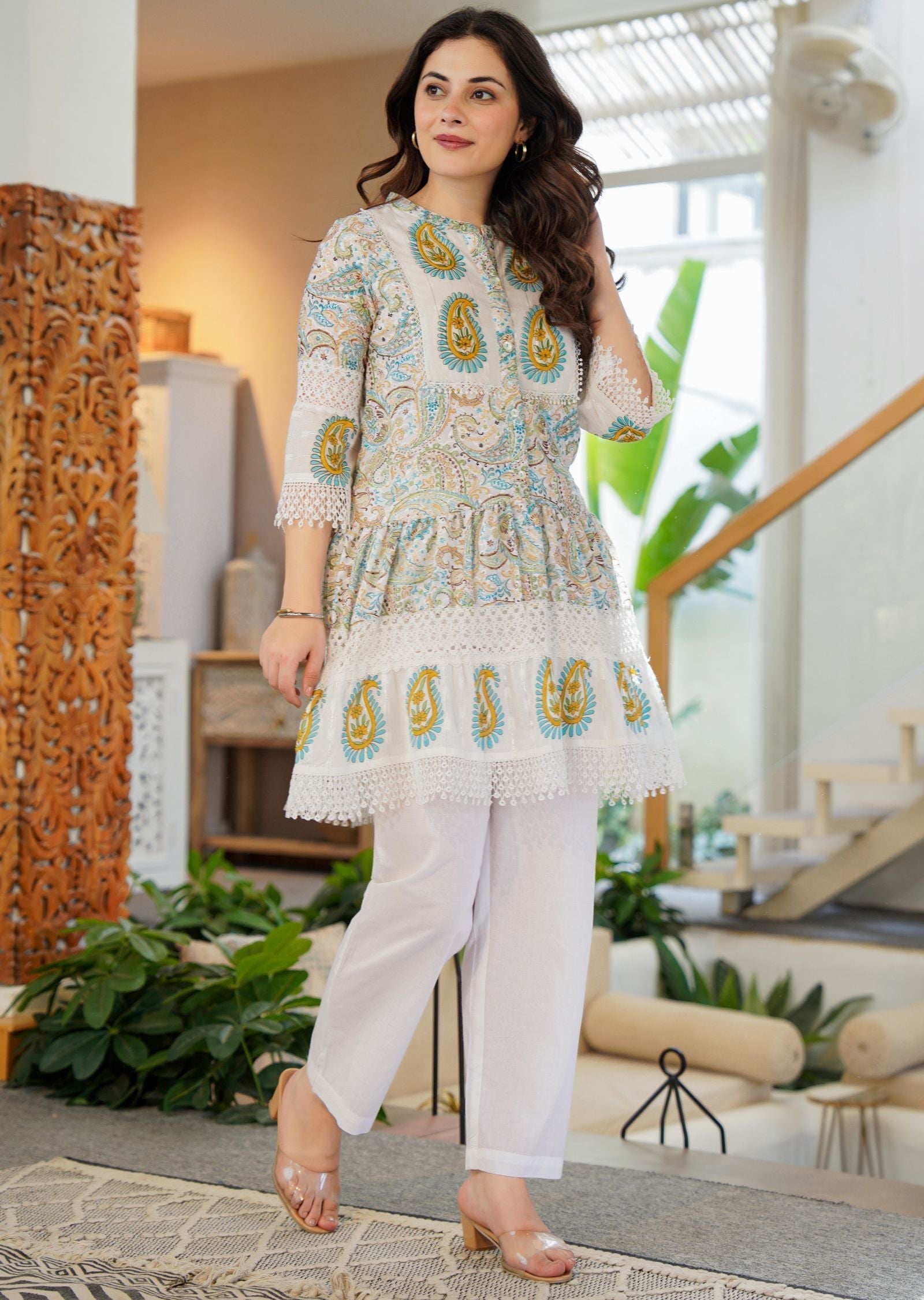 Off White Cotton Straight Cut Kurti Set