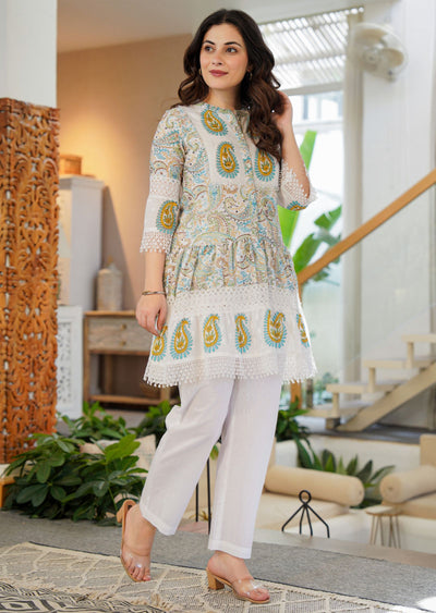 Off White Cotton Straight Cut Kurti Set