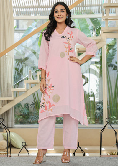 Pink Cotton Straight Cut Kurti Set
