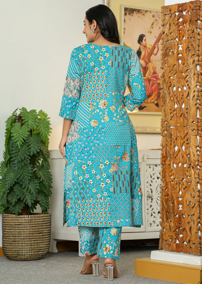 Blue Cotton Straight Cut Kurti Set