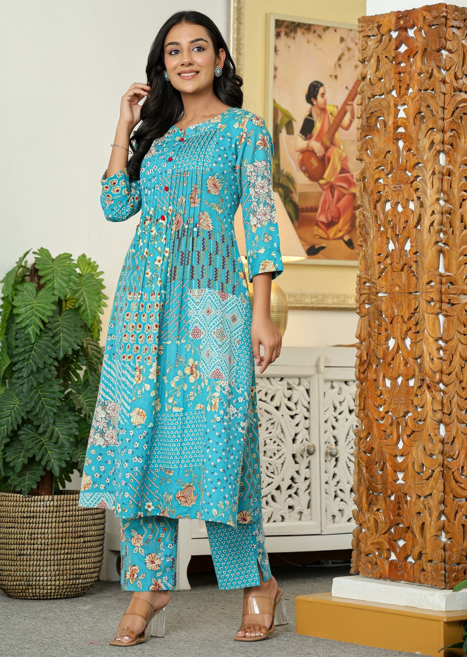 Blue Cotton Straight Cut Kurti Set