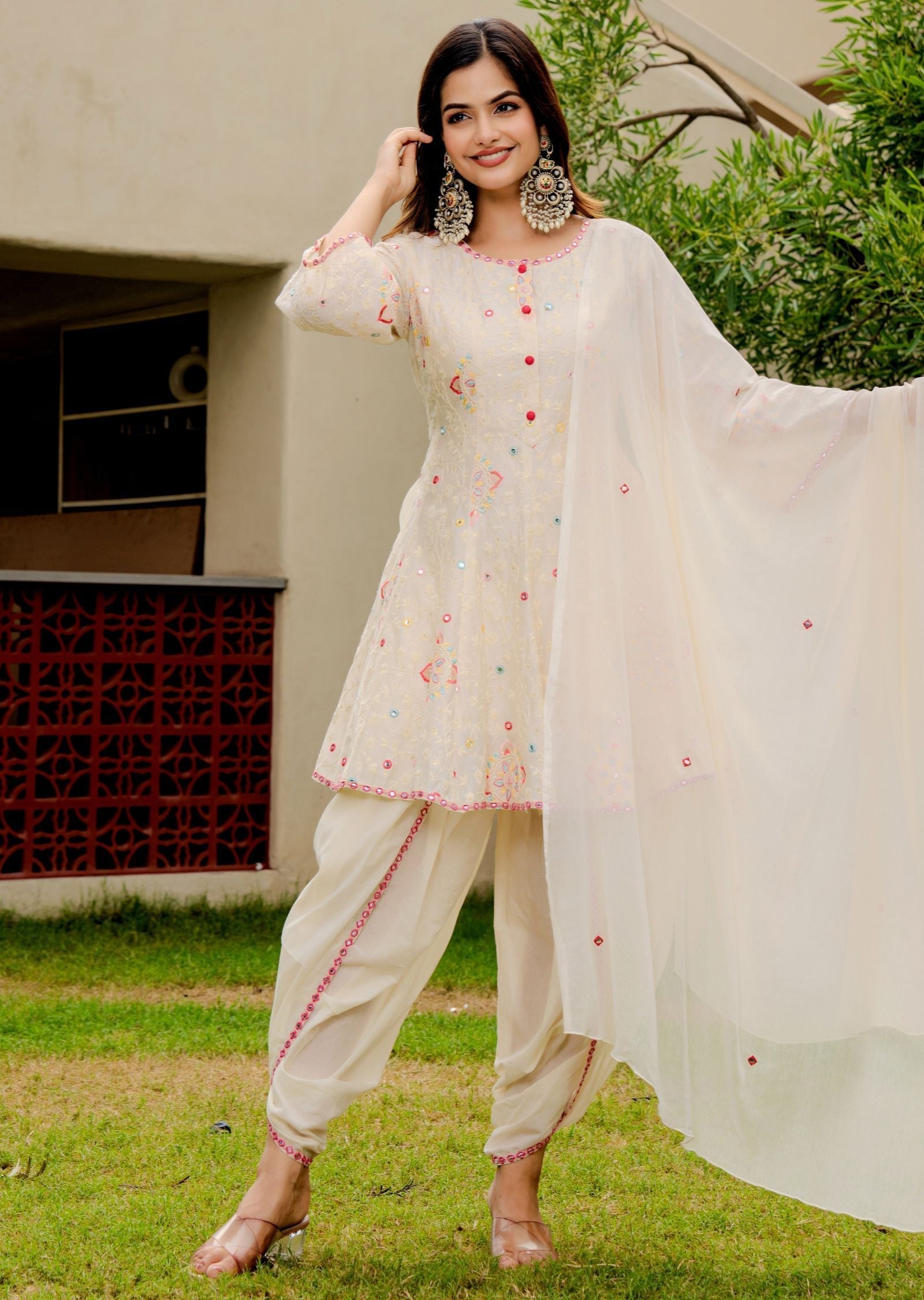 Biege Chanderi Straight Cut Suit