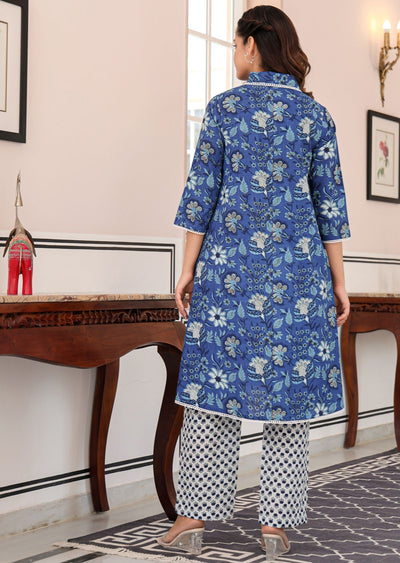 Blue Cotton Straight Cut Kurti Set