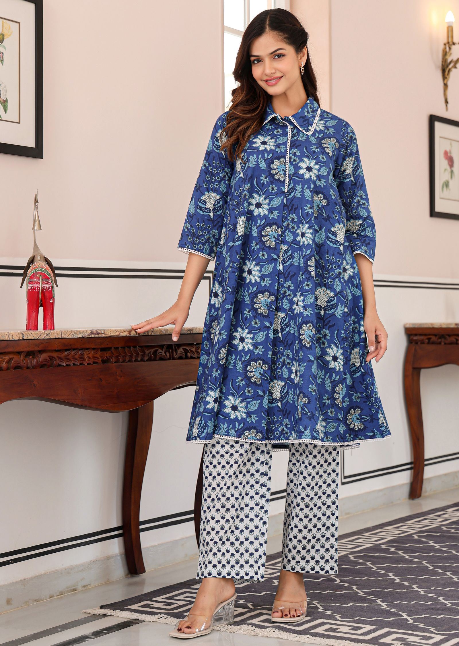 Blue Cotton Straight Cut Kurti Set