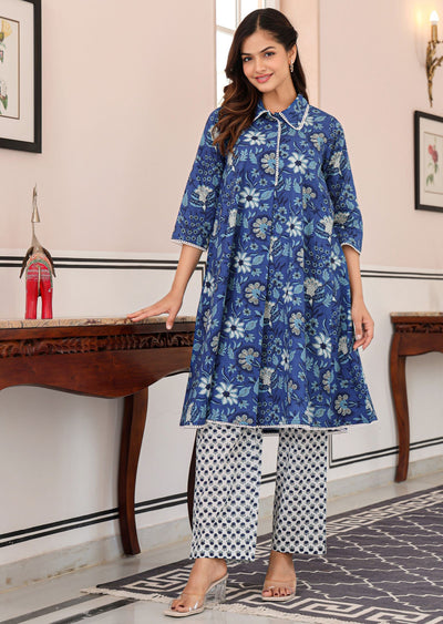 Blue Cotton Straight Cut Kurti Set