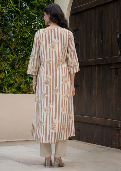 Brown Cotton Straight Cut Kurti Set