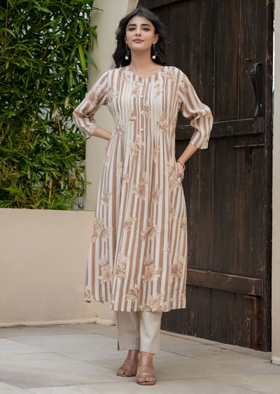Brown Cotton Straight Cut Kurti Set